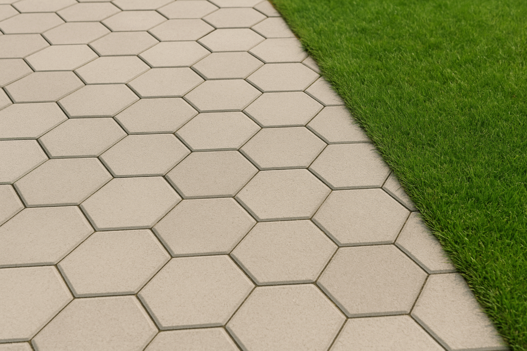 Pavers sextavados formando padrão hexagonal em jardim.